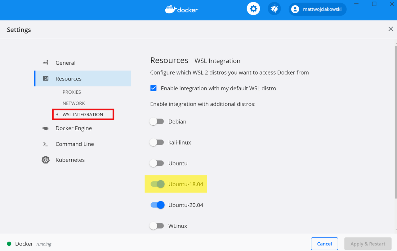 Select WSL 2 distributions in Docker Desktop Settings