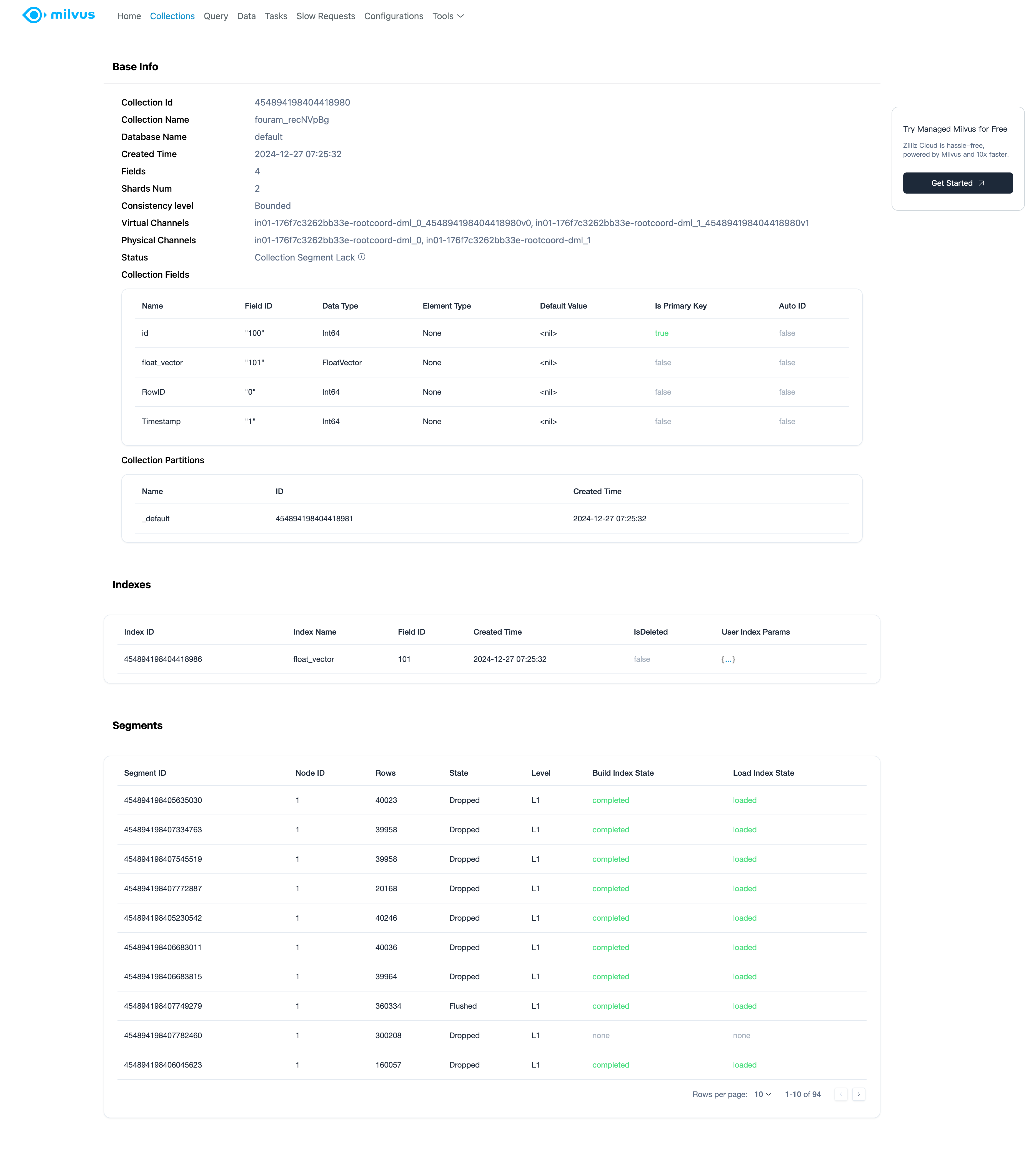 Milvus Web UI Collection Details