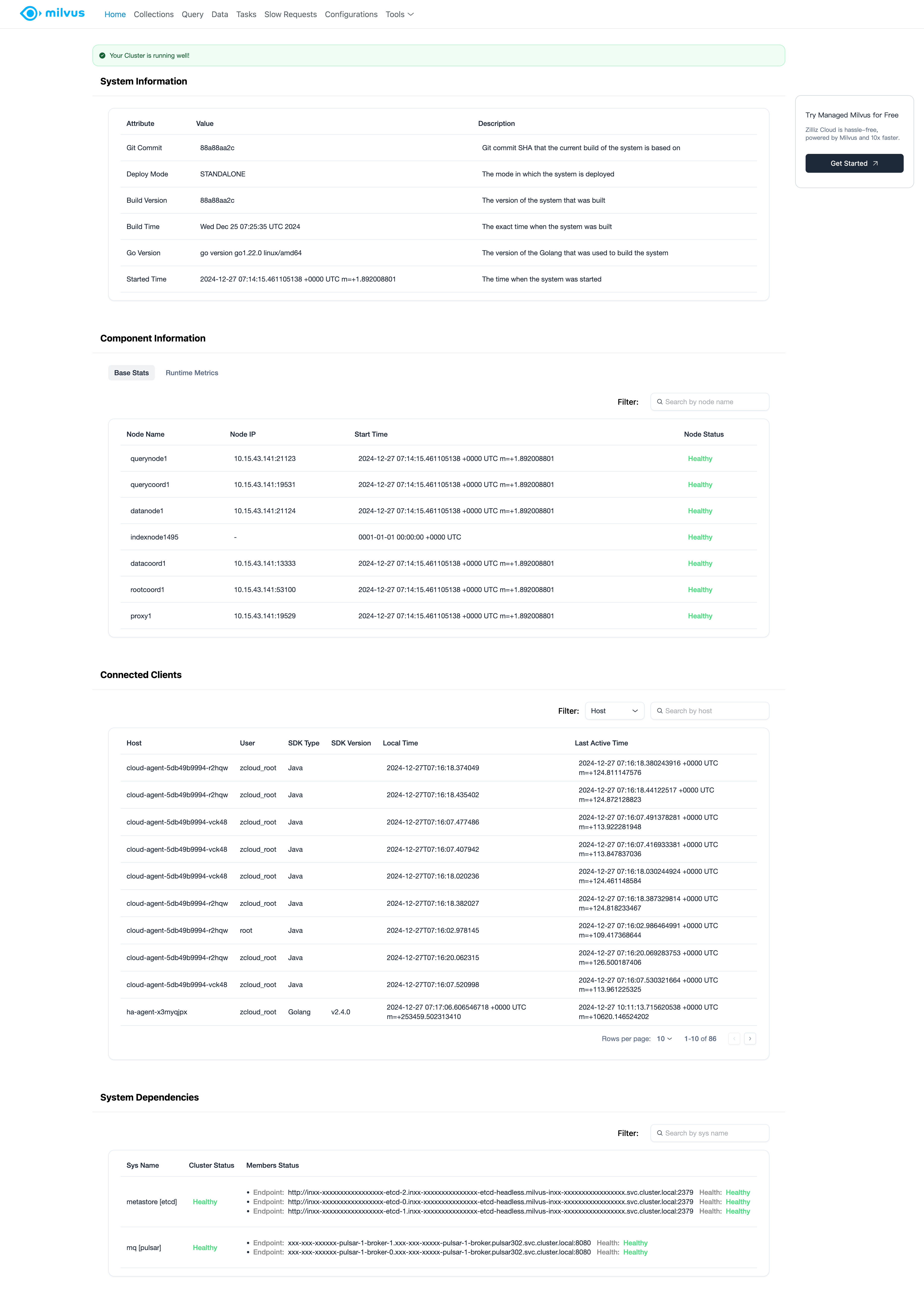 Milvus Web UI Home