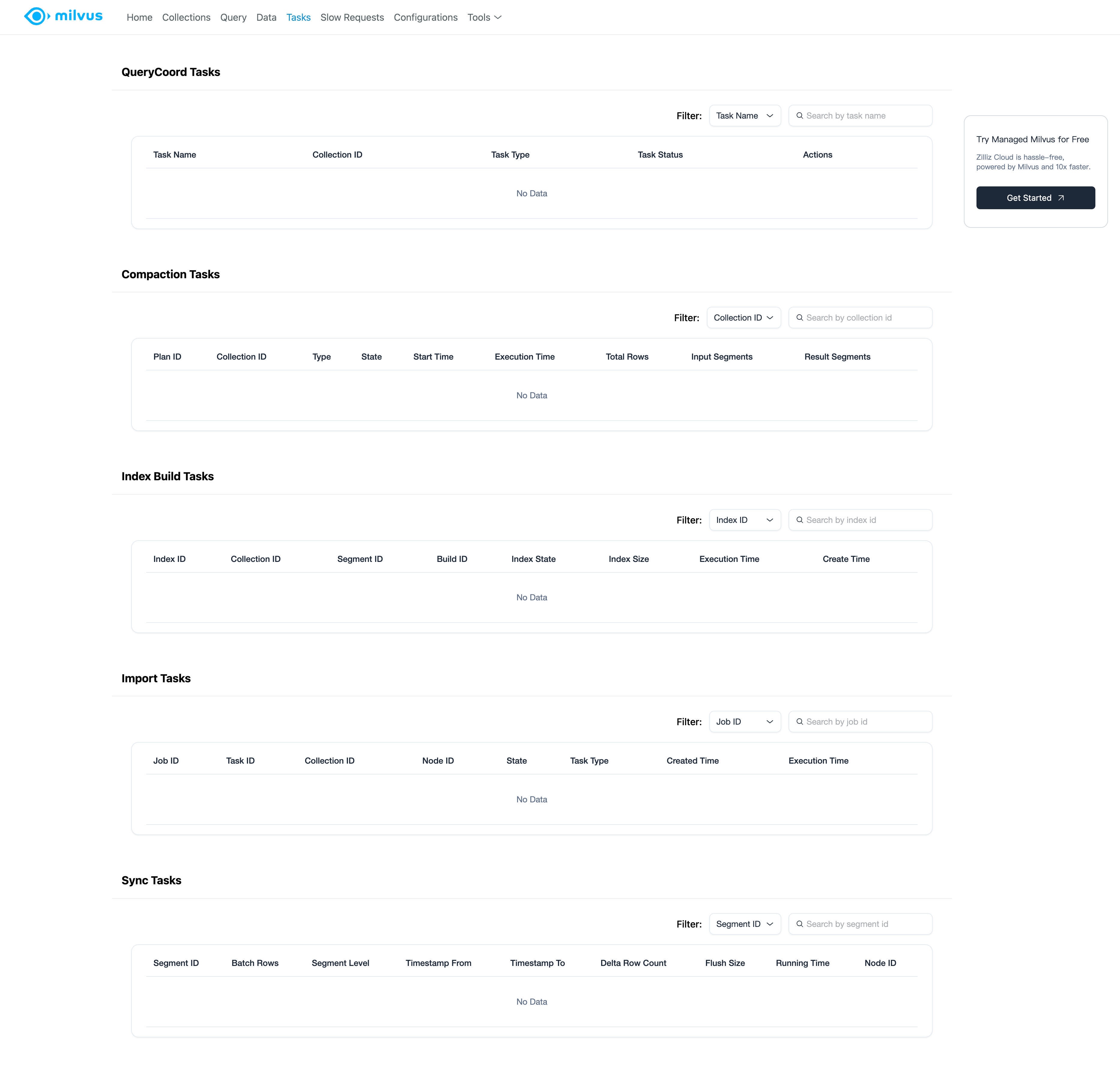 Milvus Web UI Tasks Page